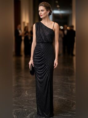 Taylor One Shoulder Black Metallic Ruched Maxi Gown - Size 14 - Formal